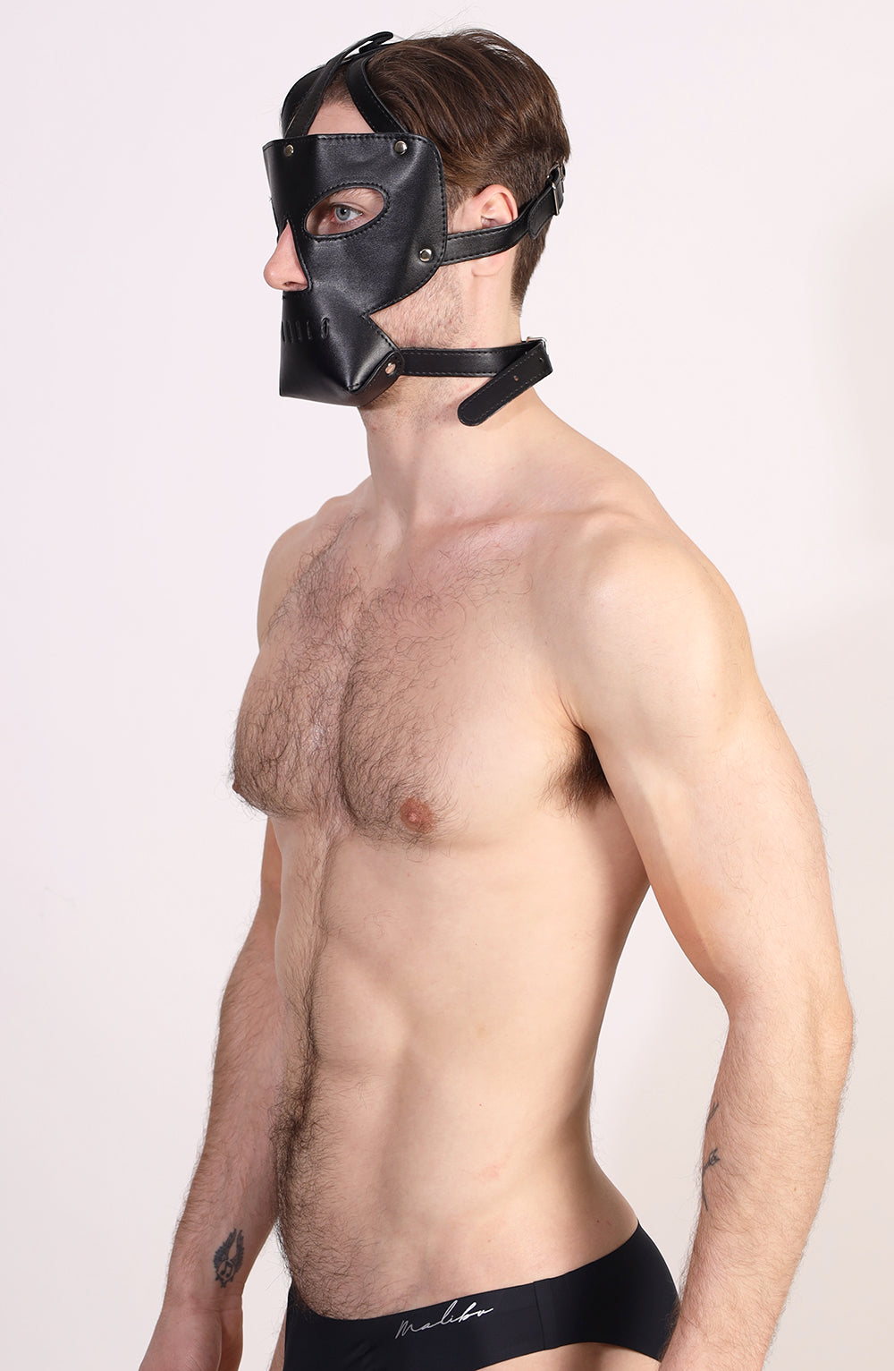 Kinky Leather Face Mask with Eye and Nose Cutouts and Breathable Mouth Cage