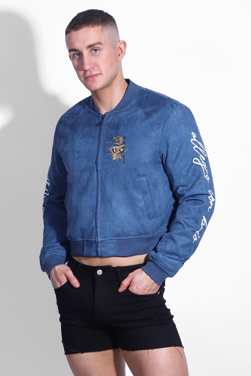 Cropped Suede Bomber Jacket - Navy