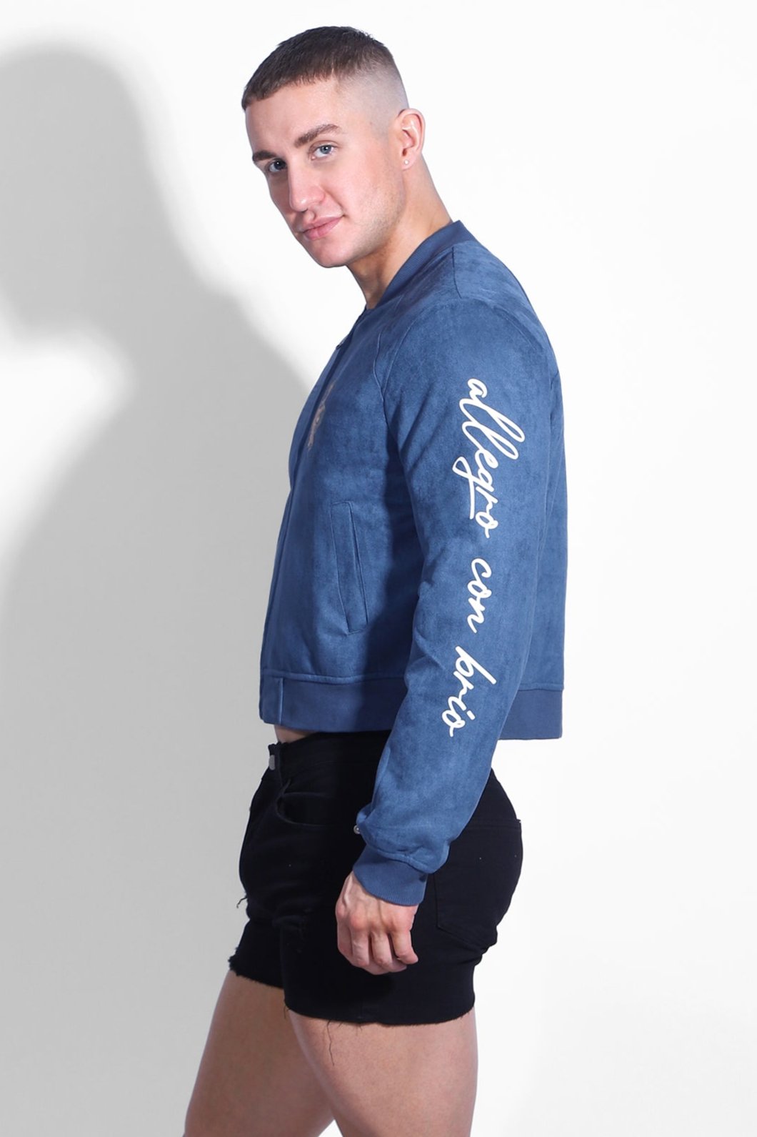 Cropped Suede Bomber Jacket - Navy