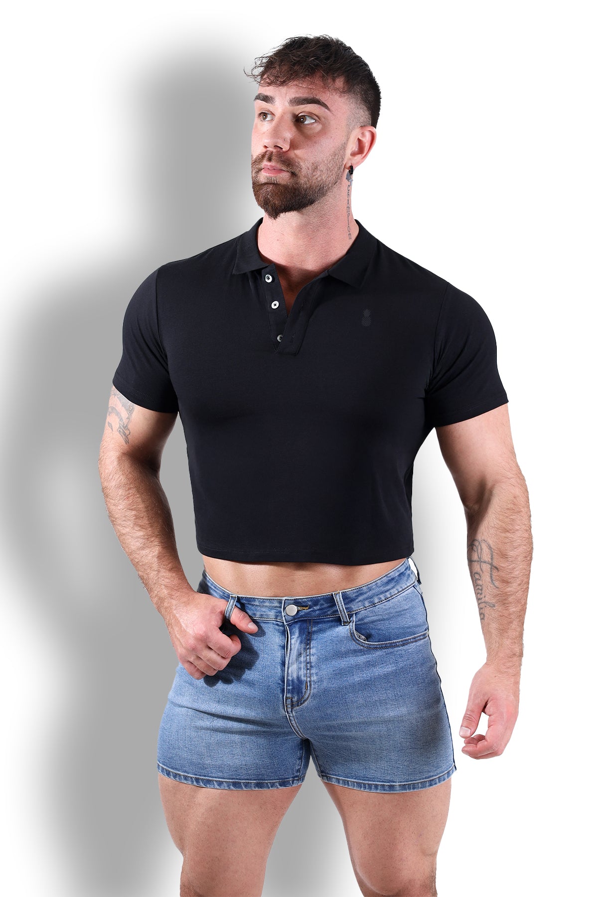 Fitted Polo Crop Top - Black