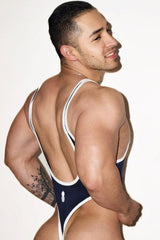 Afterglow Ribbed Bodysuit - Navy w/ White Trim - JJ Malibu 