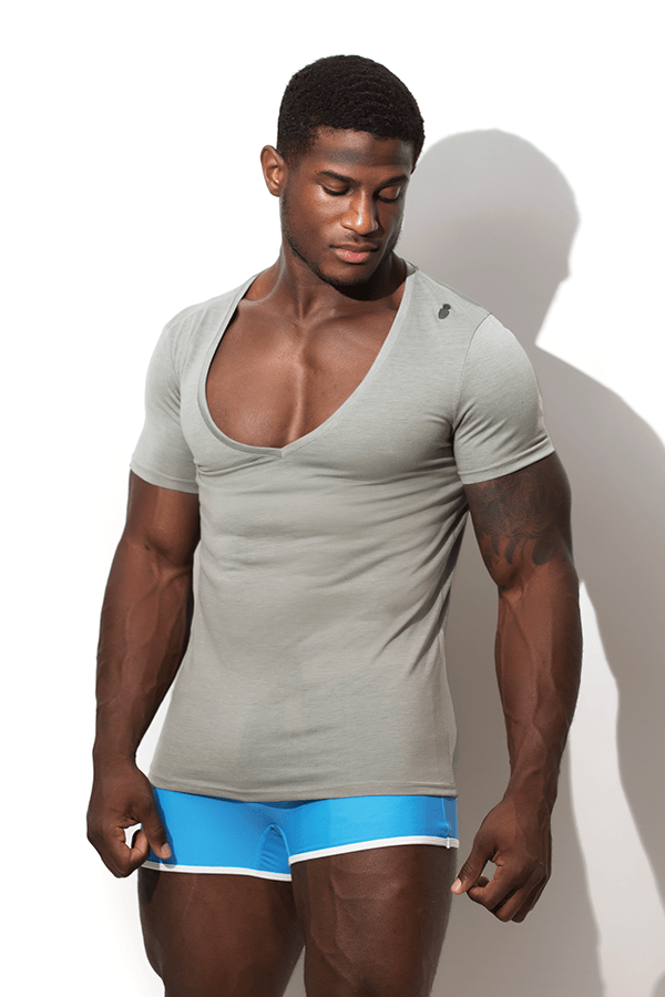 Fitted Deep V Neck T Shirt - Grey - JJ Malibu 