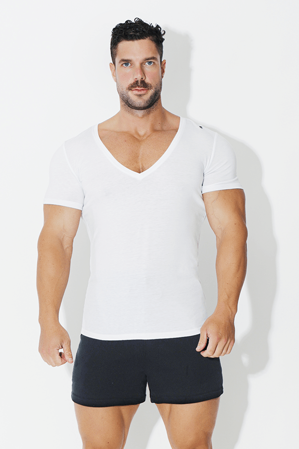 Fitted Deep V Neck T Shirt - White - JJ Malibu 