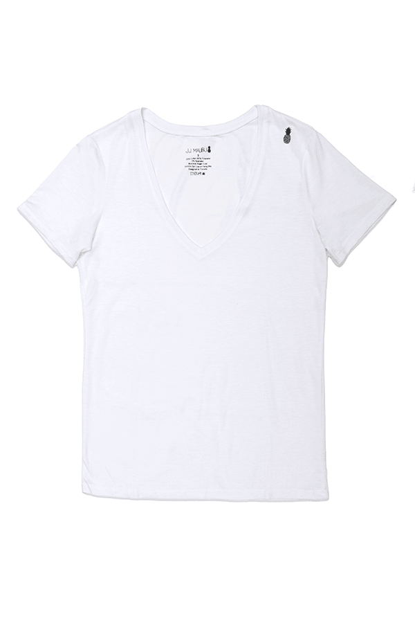 Fitted Deep V Neck T Shirt - White